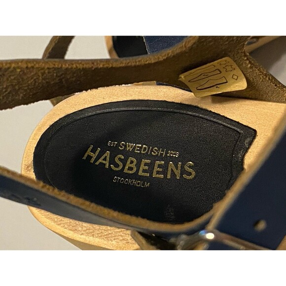 Swedish Hasbeens Peep Toe Clogs Sandals Women's Sz 39 Leather 8.5/9 Navy Blue - Picture 9 of 16